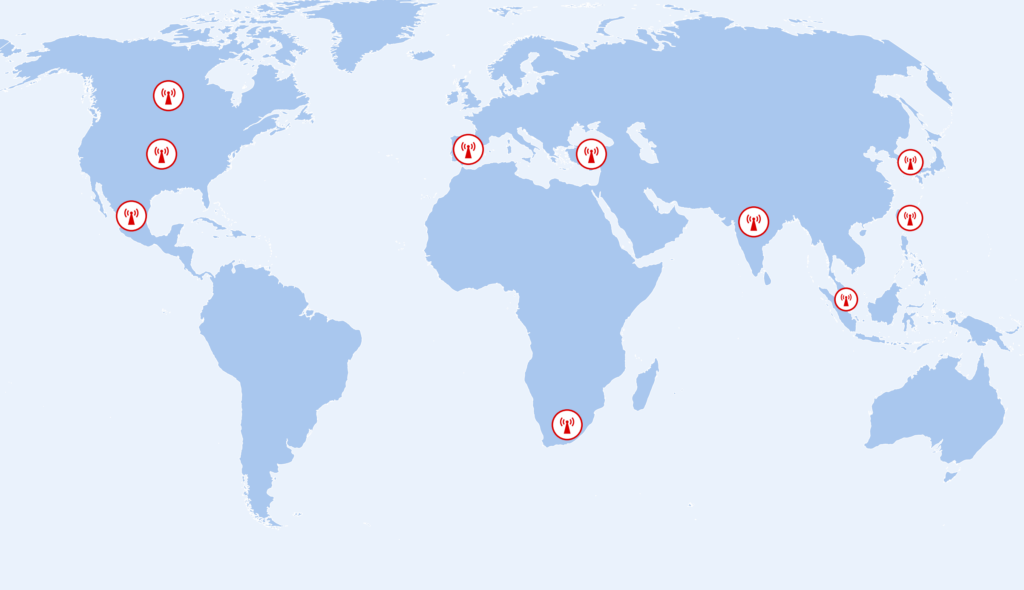 World map with base station markers in the countries where ICEGPS has customers