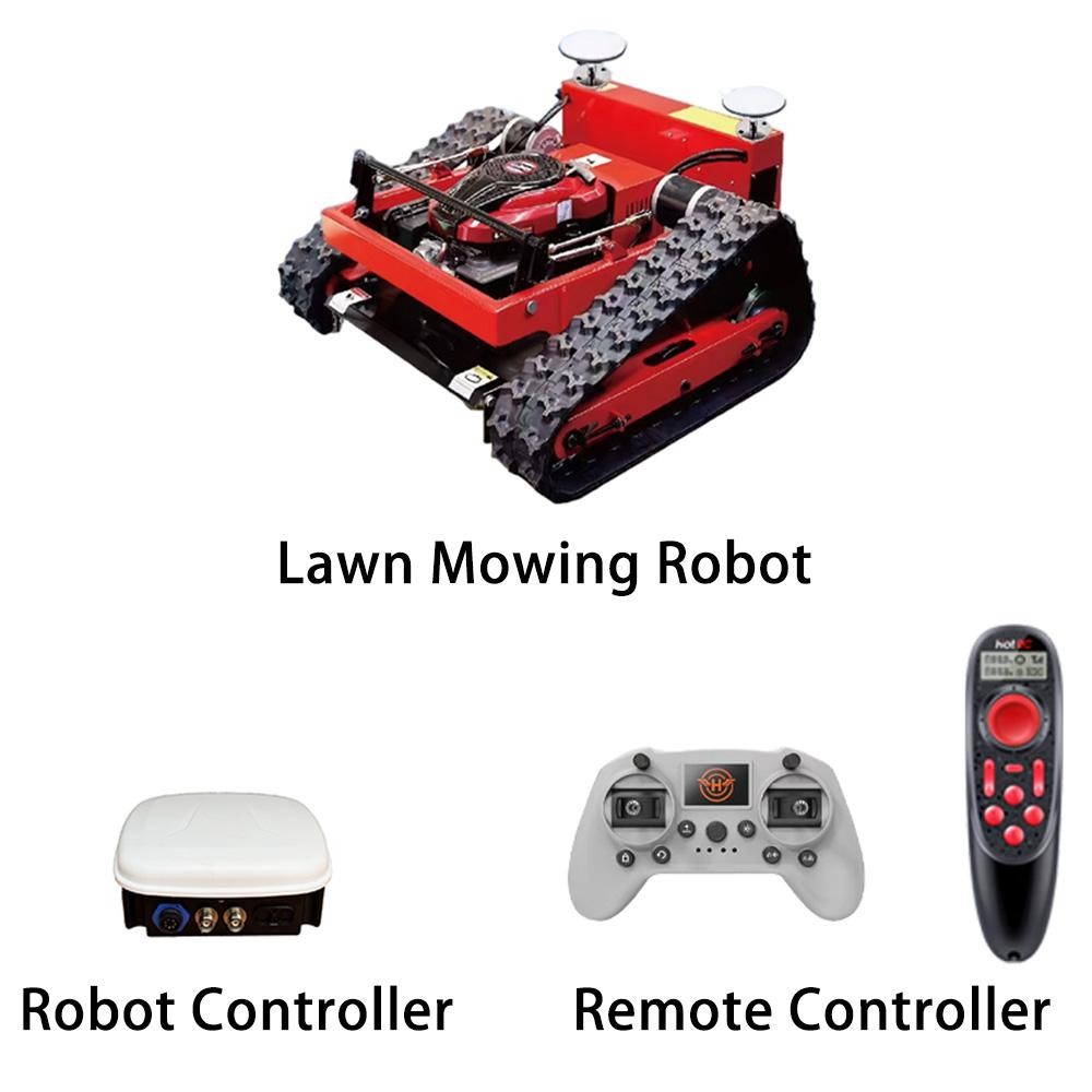 Tracked lawn mowing robot with ICEGPS robot controller and remote controllers