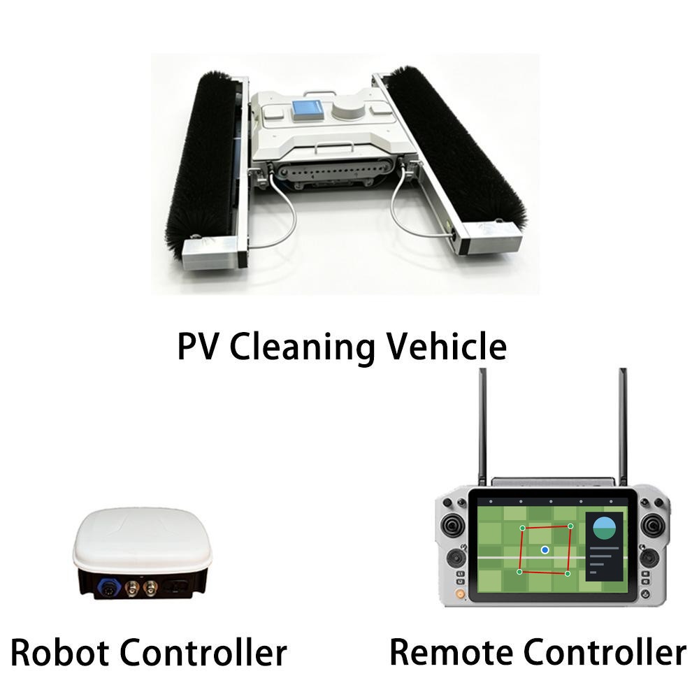 PV panel cleaning vehicle with ICEGPS robot controller and remote controller